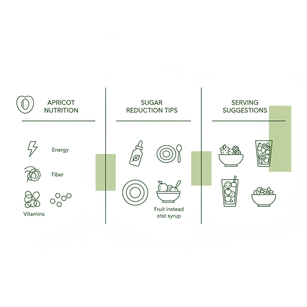 Ist Aprikosenkompott gesund? Vektor-Infografik mit Aprikosen-Icons, Nährwert-Piktogrammen, Tipps zur Zuckerreduktion und Serviervorschlägen in Markenfarben, minimalistisch.