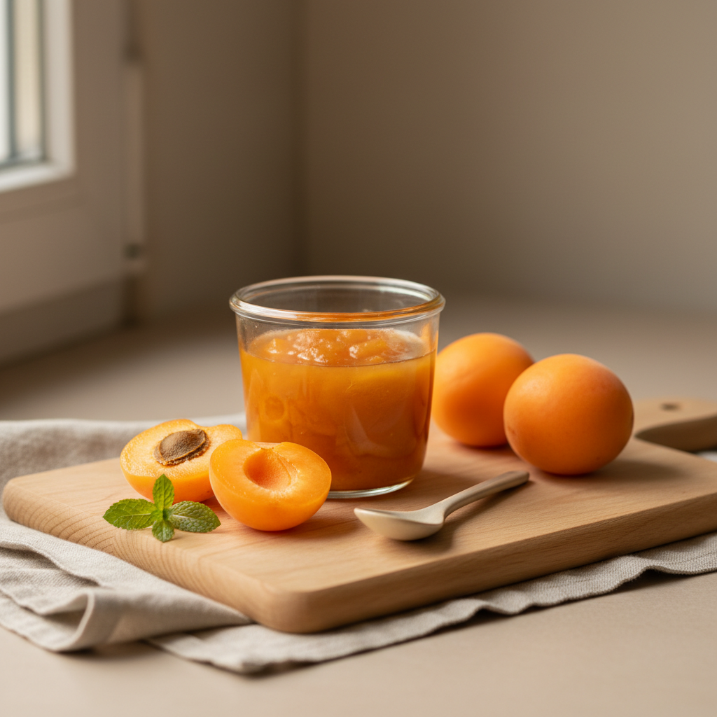 Ist Aprikosenkompott gesund? Nahaufnahme eines kleinen Glases Aprikosenkompott neben frischen Aprikosen auf Holzbrett, warmer Tageslicht-Hintergrund #dbdbcf, dezente grüne Akzente #a5cd8d