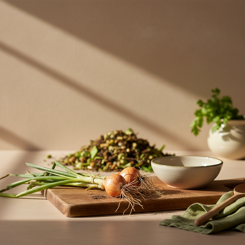 Nahaufnahme einer aufgeräumten Küchenarbeitsfläche mit frisch geernteten Zwiebeln auf Holzbrett und kleinem Komposthaufen im Hintergrund, warmes natürliches Licht – Zwiebeln pflanzen