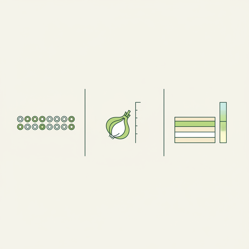 Minimalistische 2D-Vektor-Infografik zu Zwiebeln pflanzen mit Pflanzkalender-, Pflanztiefe- und Boden-pH-Icons in Schnell Lecker Farben.