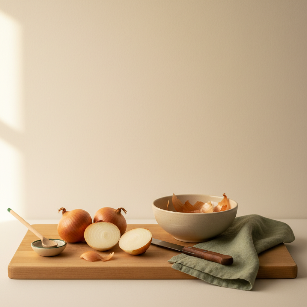 Heimische, minimalistische Küchenszene mit frischen Zwiebeln auf Schneidebrett, Messer und Leinenserviette bei warmem Licht; Hintergrund #dbdbcf – Zwiebeln pflanzen