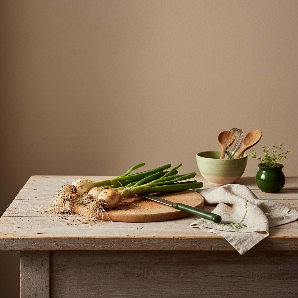 Ein einladender Küchentisch mit geernteten Steckzwiebeln, Messer und Schneidebrett in warmem Licht – Wie viele Zwiebeln kommen aus einer Steckzwiebel?