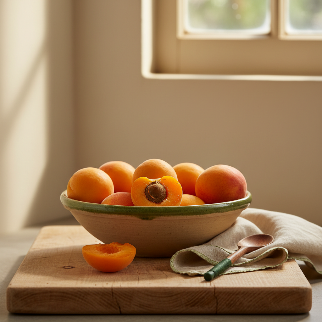 Nahaufnahme von Aprikosen und Pfirsichen in rustikaler Schale auf heller Holzplatte, warme, einladende Farben, subtile Markenakzente; Aprikose Pfirsich Unterschiede