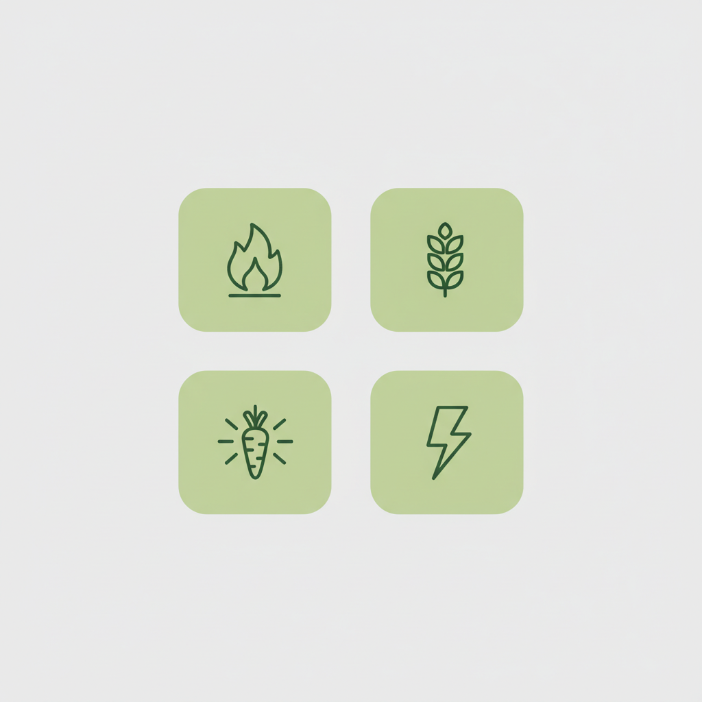 Minimalistische 2D-Vektor-Infografik zu Aprikose-Nährwerten mit vier Icons für Kalorien, Ballaststoffe, Vitamin A und Kalium in Schnell Lecker Markenfarben