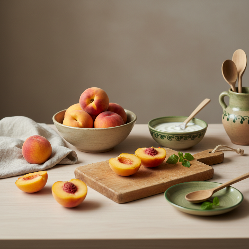 Pfirsich Plural auf minimalistischem europäischen Küchentisch mit Keramikschüsseln, Holzutensilien und warmen Farbakzenten (#dbdbcf Hintergrund, #a5cd8d Akzent)