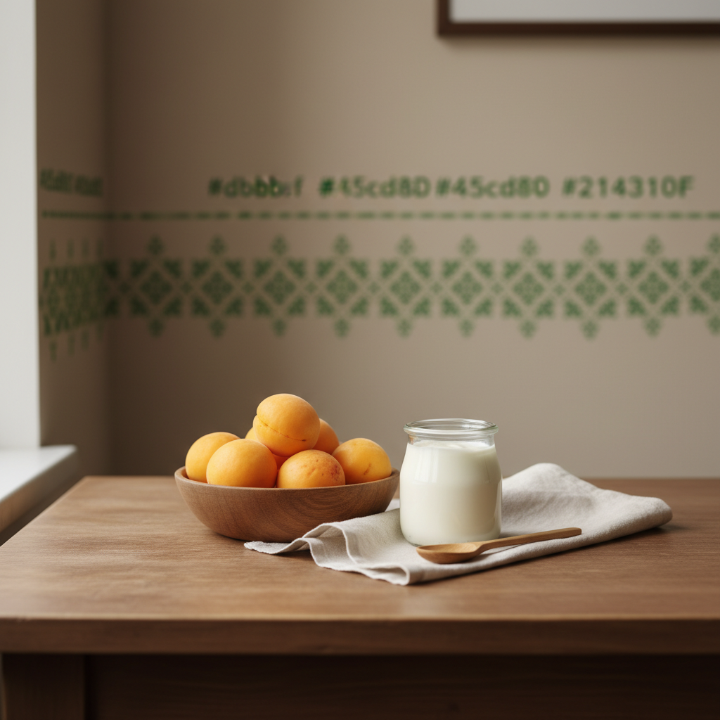 Schale mit frischen Aprikosen und Joghurt auf Holztisch in einer heimeligen europäischen Küche, sanftes Tageslicht, minimalistisches Styling — Aprikosen zum Abnehmen