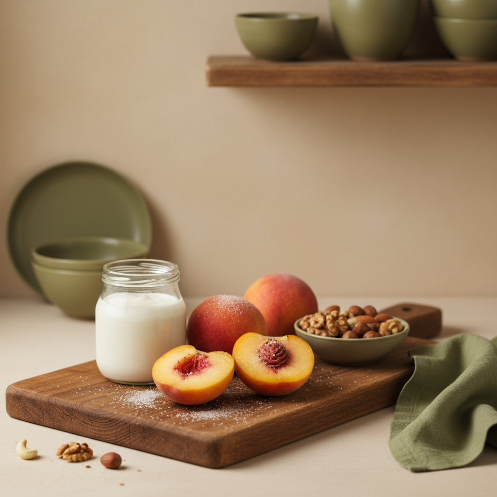 Zucker im Pfirsich: Realistisches Stillleben mit reifen Pfirsichen auf Holzbrett, Glas Joghurt und Schale Nüsse vor warmem #dbdbcf Hintergrund mit #a5cd8d Akzent.
