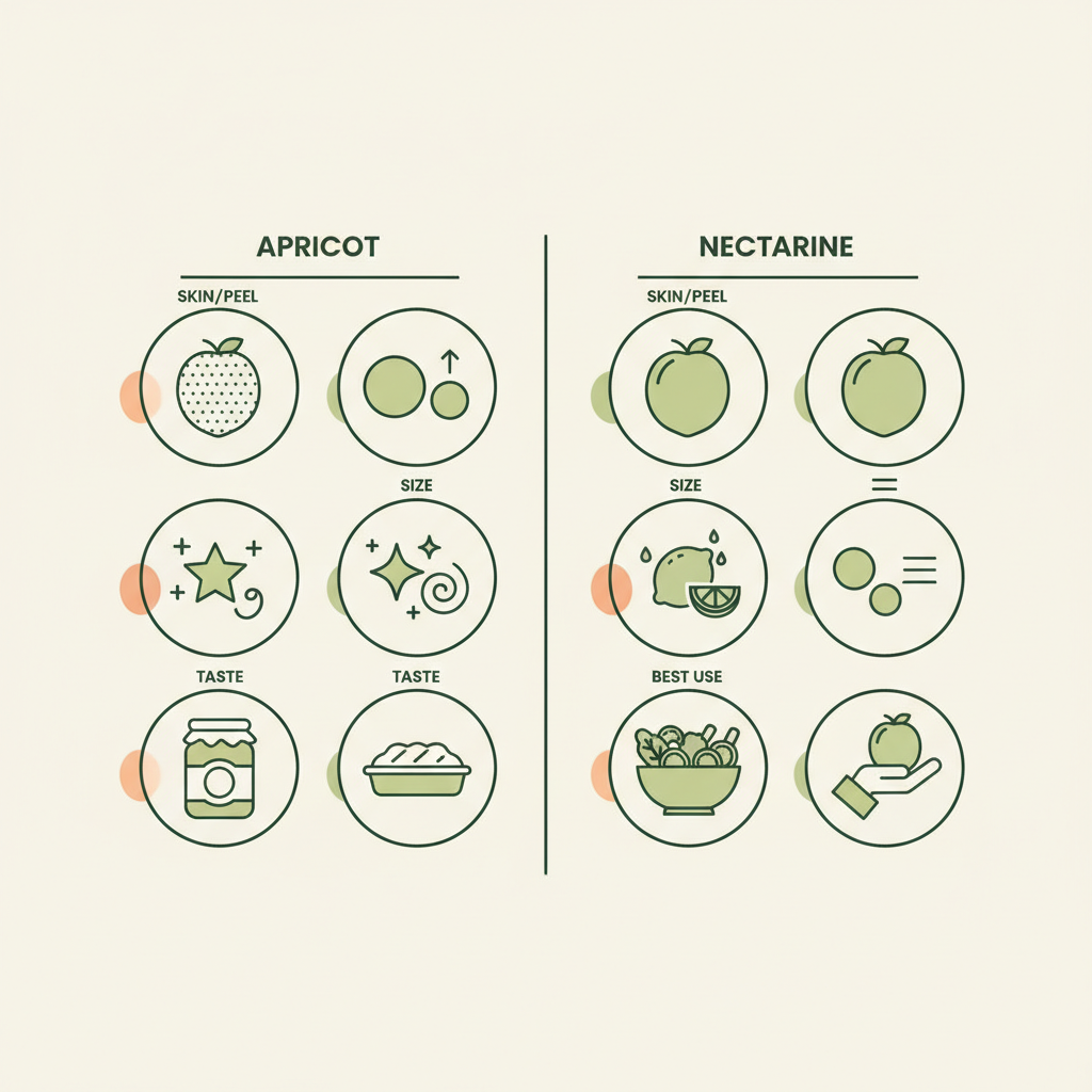 Vektor-Infografik zeigt den Unterschied Aprikose Nektarine: zwei minimalistische Spalten mit Icons für Haut, Größe, Geschmack und Verwendung in Markenfarben.