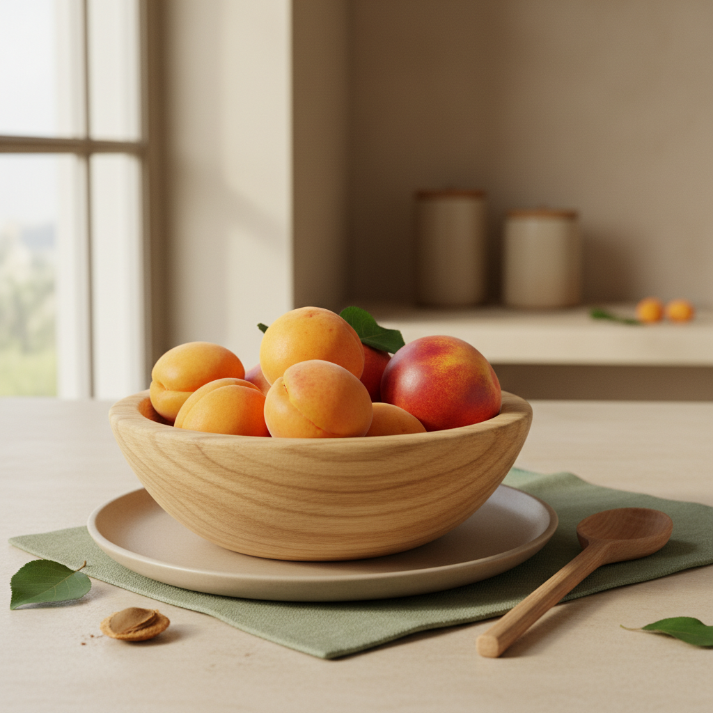 Nahaufnahme einer hölzernen Schüssel mit Aprikosen und Nektarinen vor minimalem Küchenhintergrund in #dbdbcf und #a5cd8d — Unterschied Aprikose Nektarine