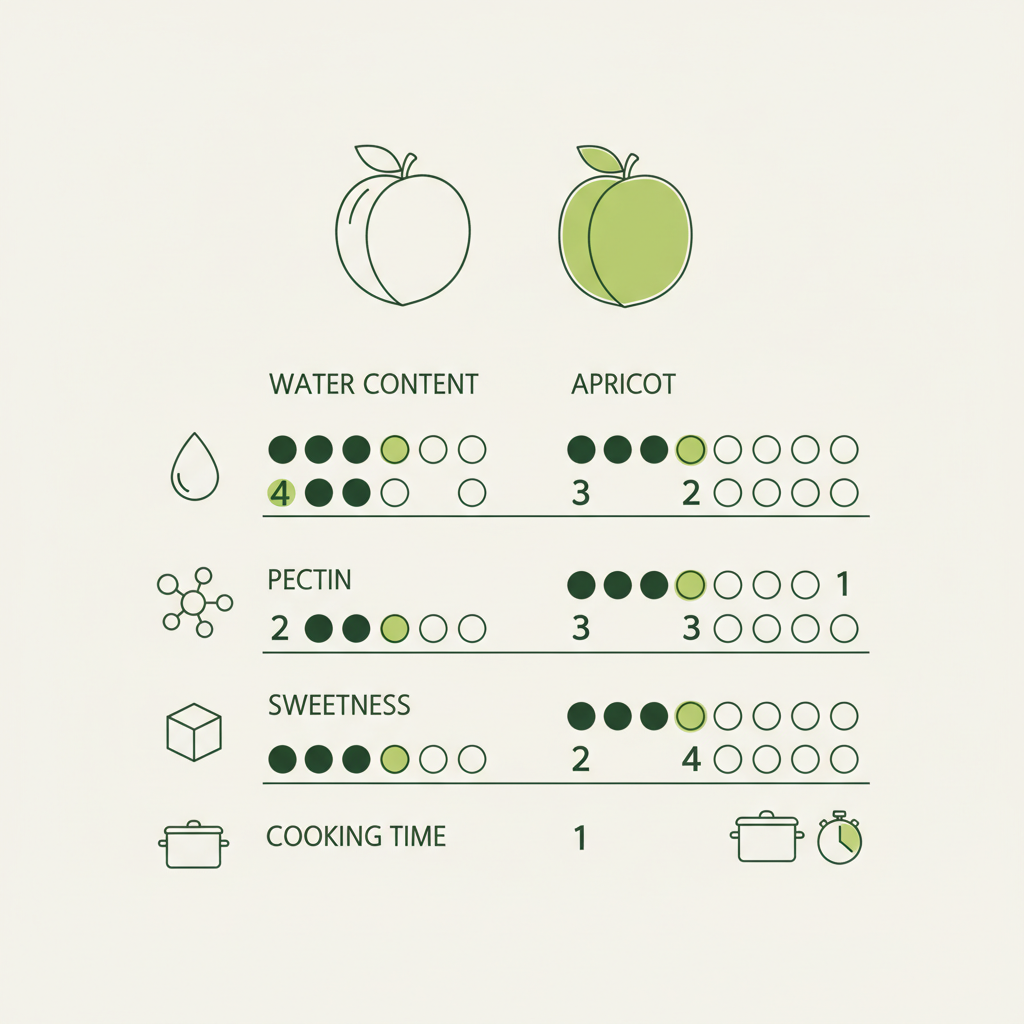 Minimalistische 2D-Vektorinfografik: Aprikose wie Pfirsich Vergleich von Wassergehalt, Pektin, Süße und Garzeit in Markenfarben.