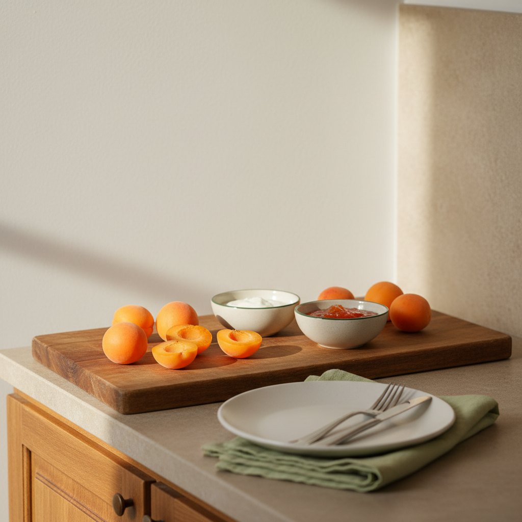 Heimelige europäische Küchenszene mit Aprikose wie Pfirsich auf Holzbrett, kleinen Schalen und schlichtem Geschirr vor #dbdbcf Hintergrund, warme Beleuchtung
