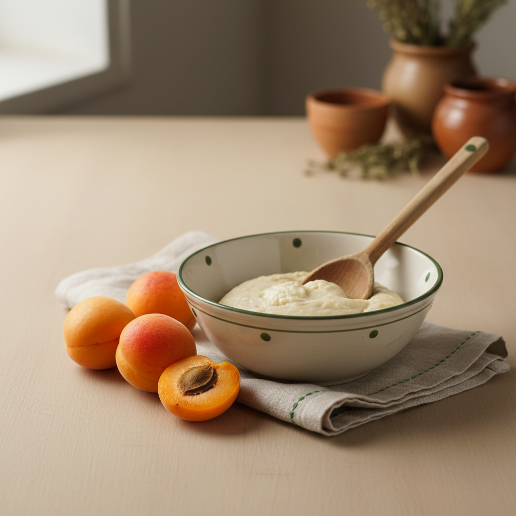 Heimeliges Küchentisch-Arrangement mit frischen Aprikosen (chabacano), Rührschüssel und einfachen Utensilien vor #dbdbcf Hintergrund, dezente Akzente in #a5cd8d