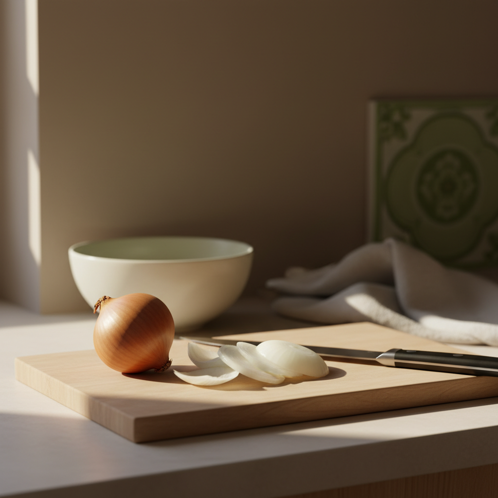 Vollbild-Nahaufnahme eines gemütlichen Küchentresens mit einer ganzen Zwiebel, geschälten Zwiebelschichten und Messer bei warmem natürlichem Licht.