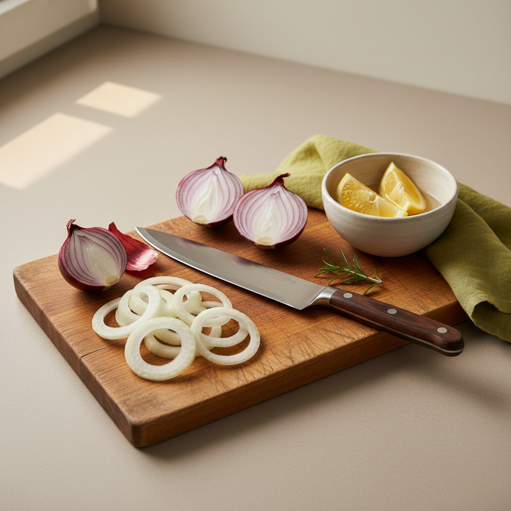 Zwiebel schneiden Tipps: Holzbrett mit geschnittenen Zwiebeln, Kochmesser und Schale mit Zitrone und Essig auf minimalistischem Hintergrund