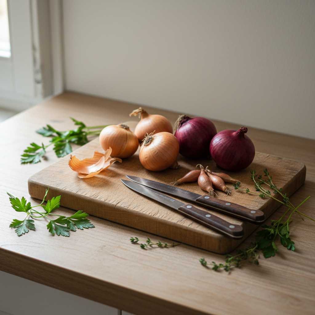 Nahaufnahme einer rustikalen Küchenanrichte mit frischen Zwiebeln auf Holzbrett, scharfen Messern und Kräutern in warmer, europäischer Atmosphäre – Geschichte der Zwiebel
