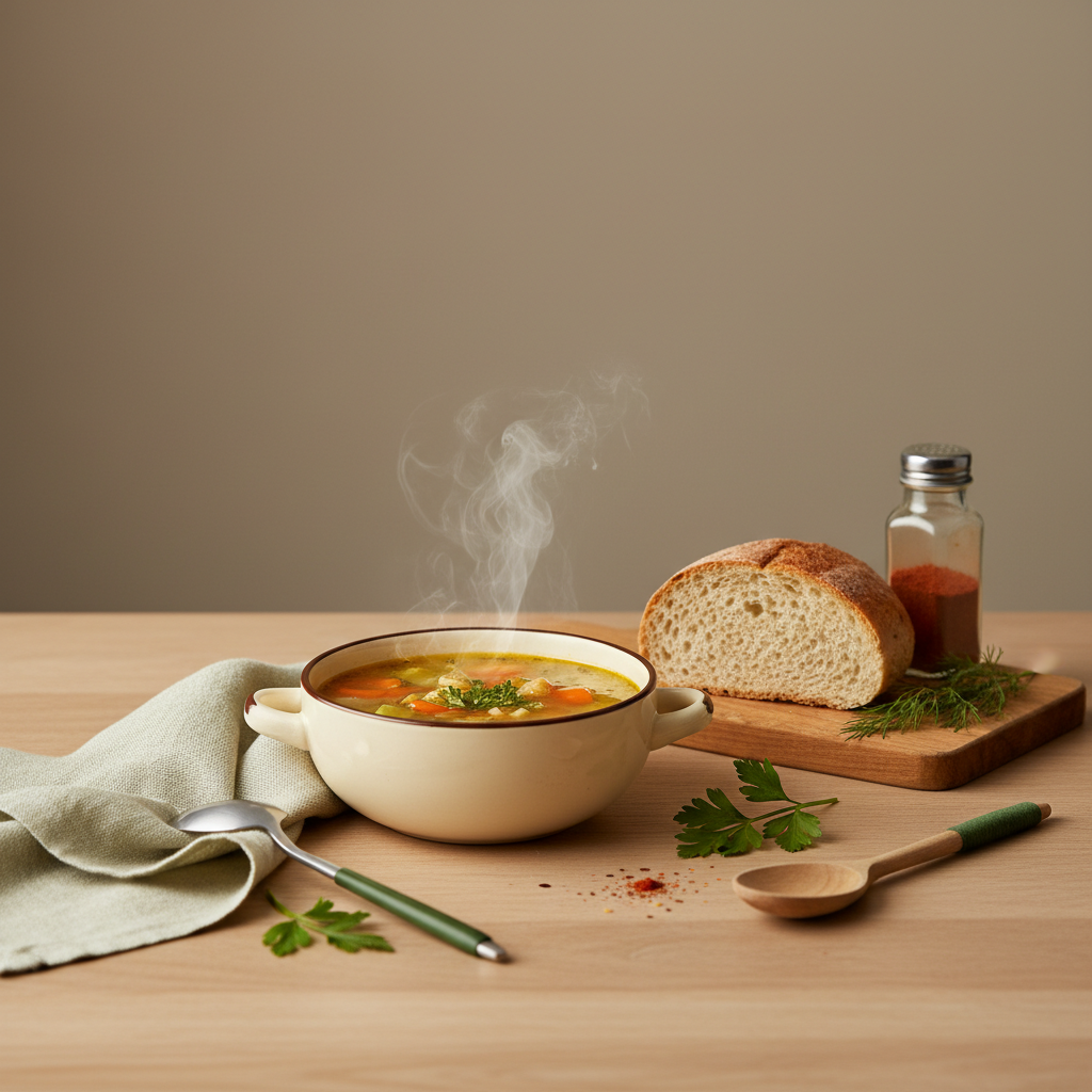 Minimalistische europäische Küchenszene mit Suppenschale, frischen Kräutern, Brot und unlabeled Glasflasche in Schnell Lecker Farben, die Maggi angedeutet.