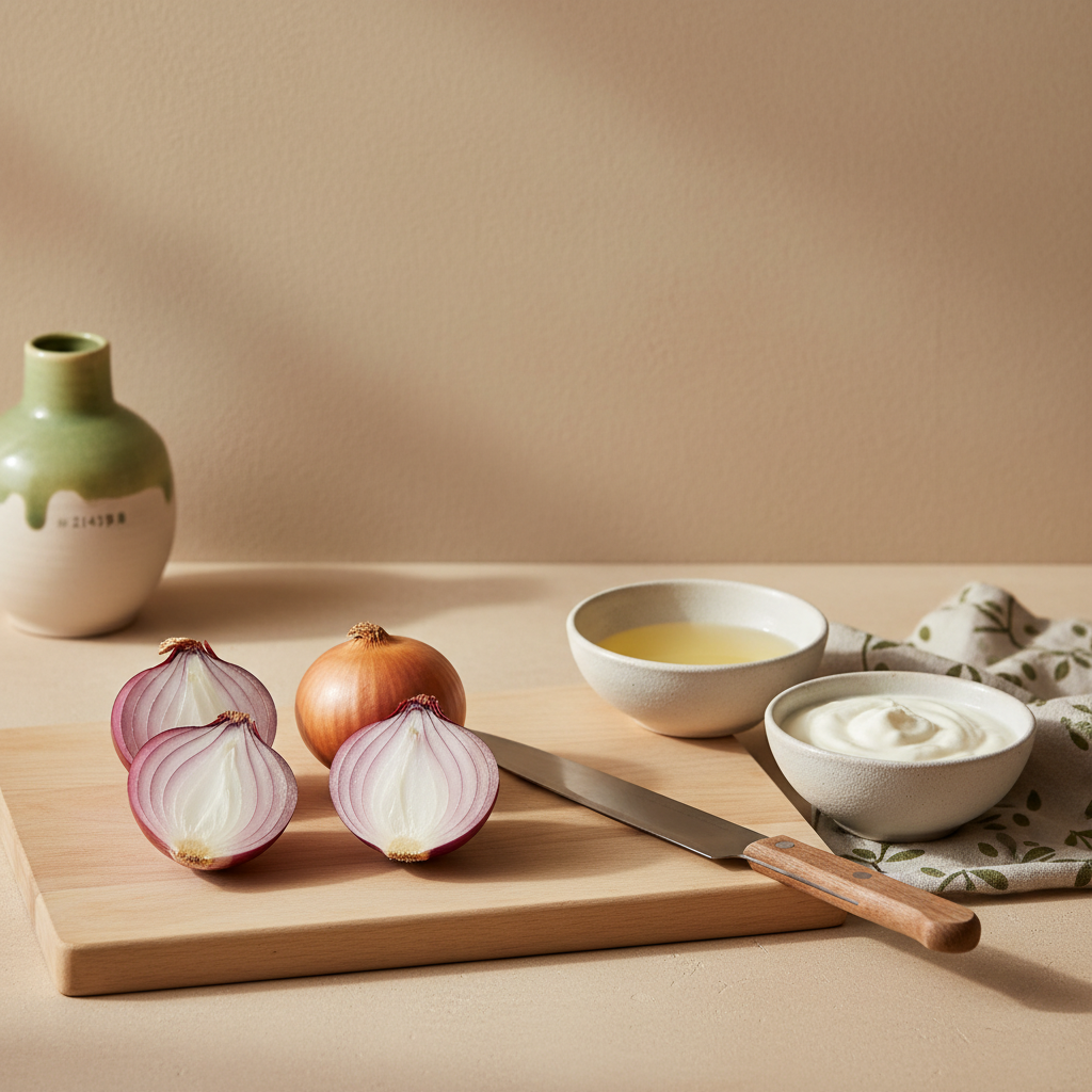 Fotorealistisches Küchenstillleben mit Schneidebrett, halbierten roten und gelben Zwiebeln, Messer, Schale mit Zitronensaft und Joghurt, minimalistisch – rohe Zwiebeln gesund