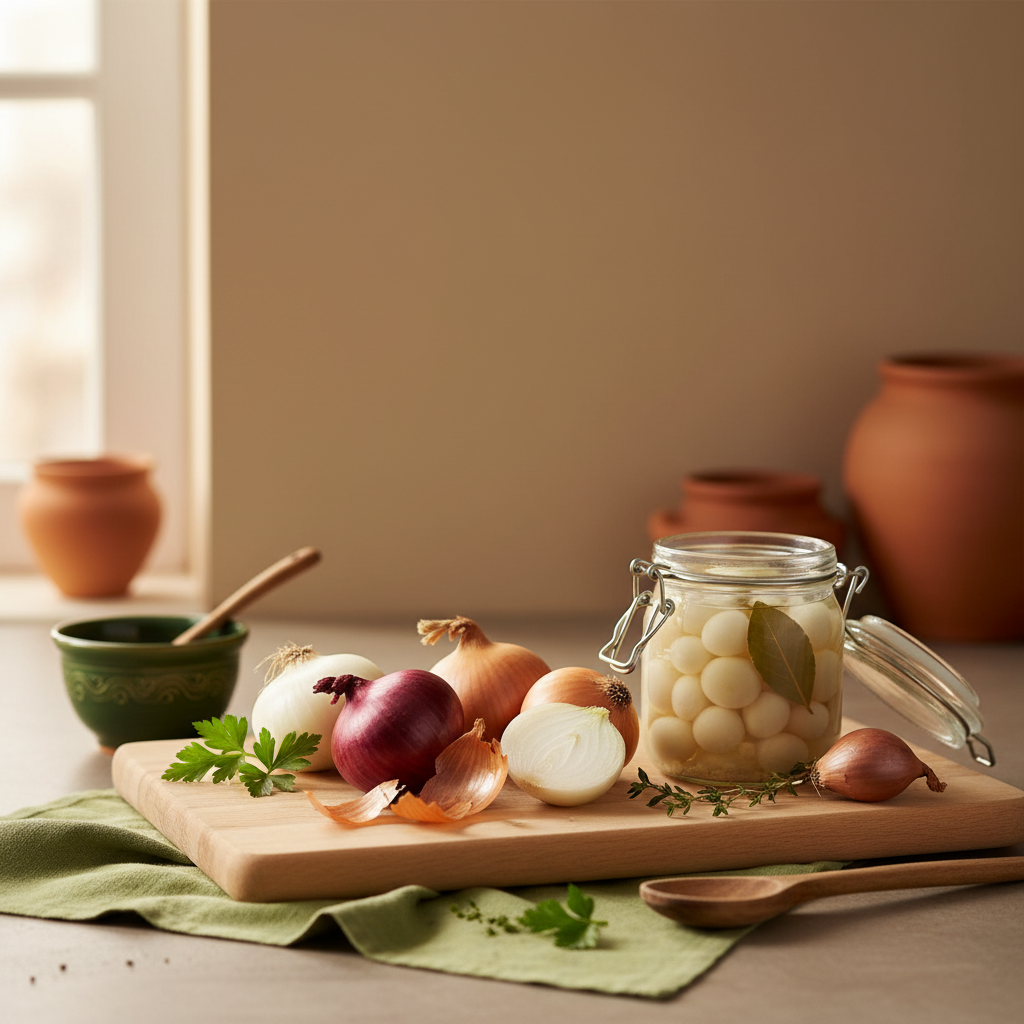 Verschiedene Zwiebelsorten (rot, gelb, weiß, Schalotten) auf Holzbrett neben offenem Glas eingelegter Zwiebeln, minimalistisches heimeliges Küchenset vor Hintergrund #dbdbcf