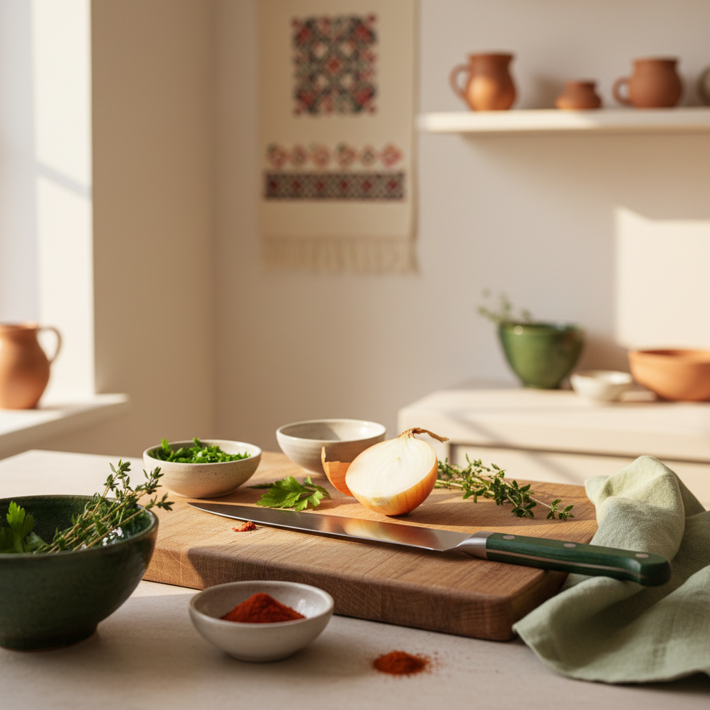 Nahaufnahme einer Familienküche mit Schneidebrett, scharfem Messer und halbierter Zwiebel zwischen Schälchen mit Kräutern – warum weinen Zwiebeln erklärt in einer warmen, sauberen Szene