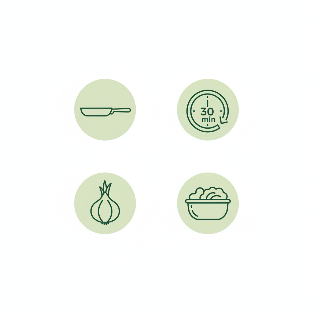 Minimalistische Vektor-Infografik in Schnell Lecker Farben mit Pfanne, Uhr (30 Min), Zwiebel und Schüssel — Wie heißt Zwiebel auf bayrisch