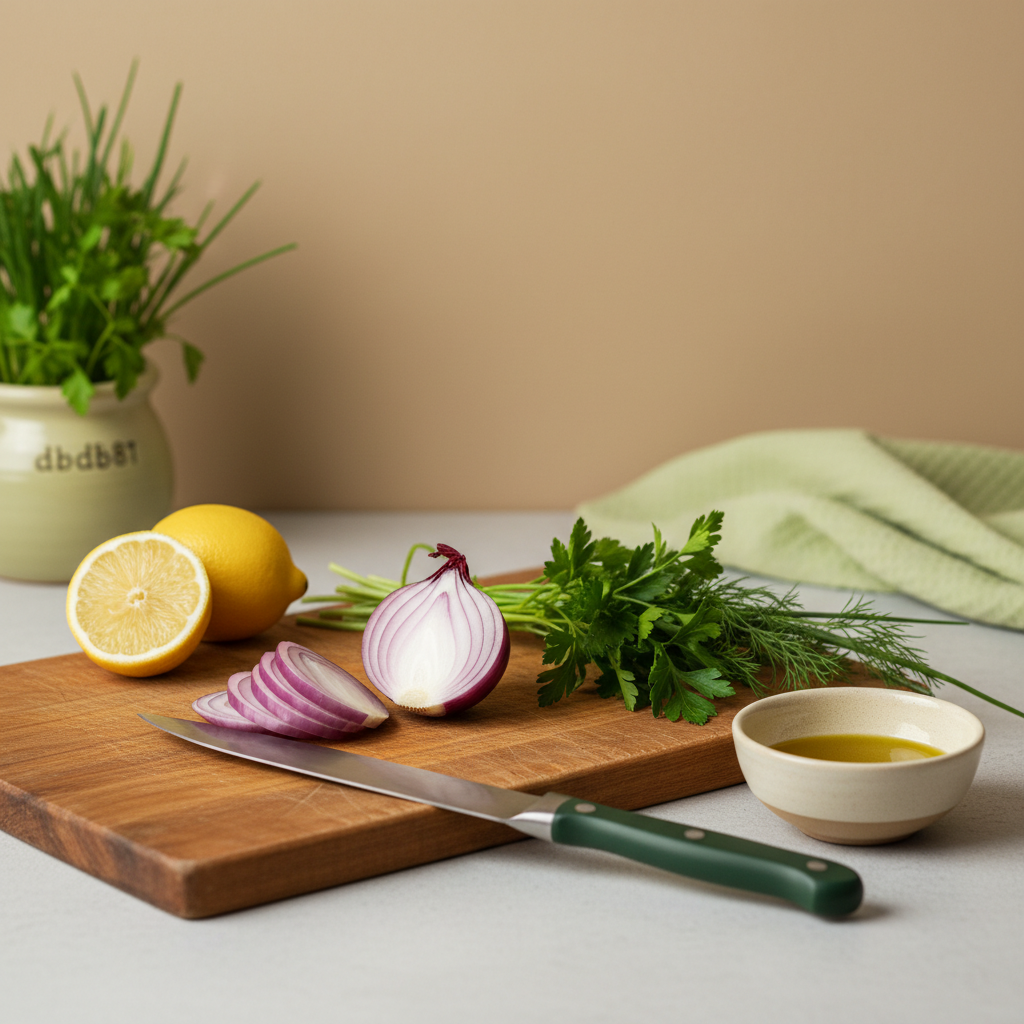 Nahaufnahme einer heimischen Küchenarbeitsplatte mit geschnittener Zwiebel, Messer, Olivenöl, Zitrone und Kräutern – Wie heißt Zwiebel auf bayrisch