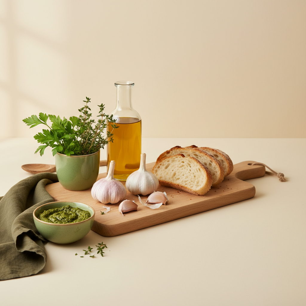 Rezepte mit Knoblauch: Heimisches Stillleben mit Knoblauchknollen, Olivenöl, frischen Kräutern, knusprigem Brot und grünem Pesto vor minimalem Hintergrund #dbdbcf.