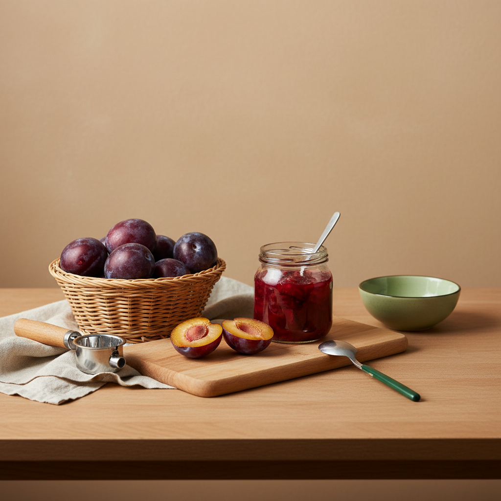 Frische Edelpflaumen in einem Korb mit Entsteiner und kleinem Glas Kompott in minimalistischer heimischer Küche – einladende Komposition zum Edelpflaumen essen.