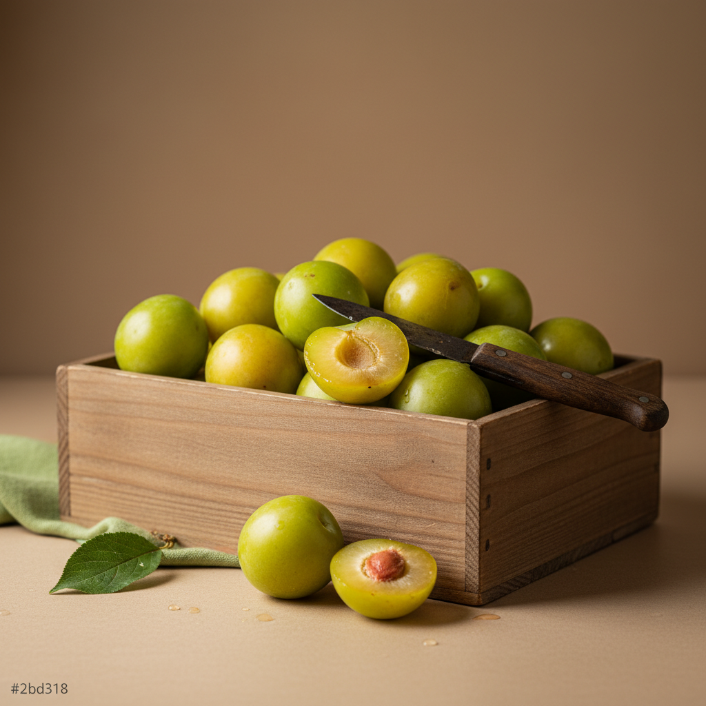 Holzkriste mit reifen Renekloden, einige halbiert und saftig auf warmer Oberfläche, gemütliche Küchenstimmung, Hintergrund #dbdbcf – Kilo Renekloden