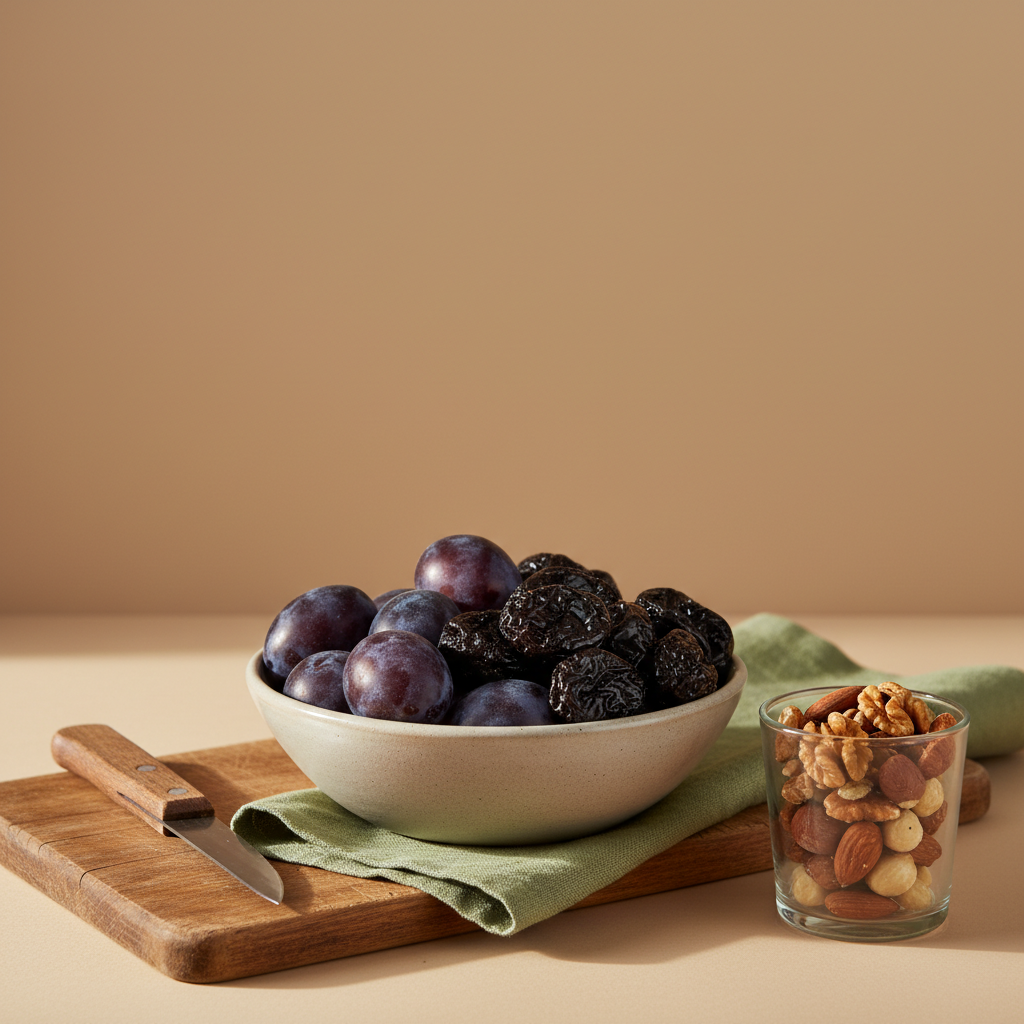 Kann ich jeden Tag eine Pflaume essen? Nahaufnahme einer Schüssel mit frischen und getrockneten Pflaumen, kleines Glas Nüsse und Schneidebrett in minimalistischer, rustikaler Küche.