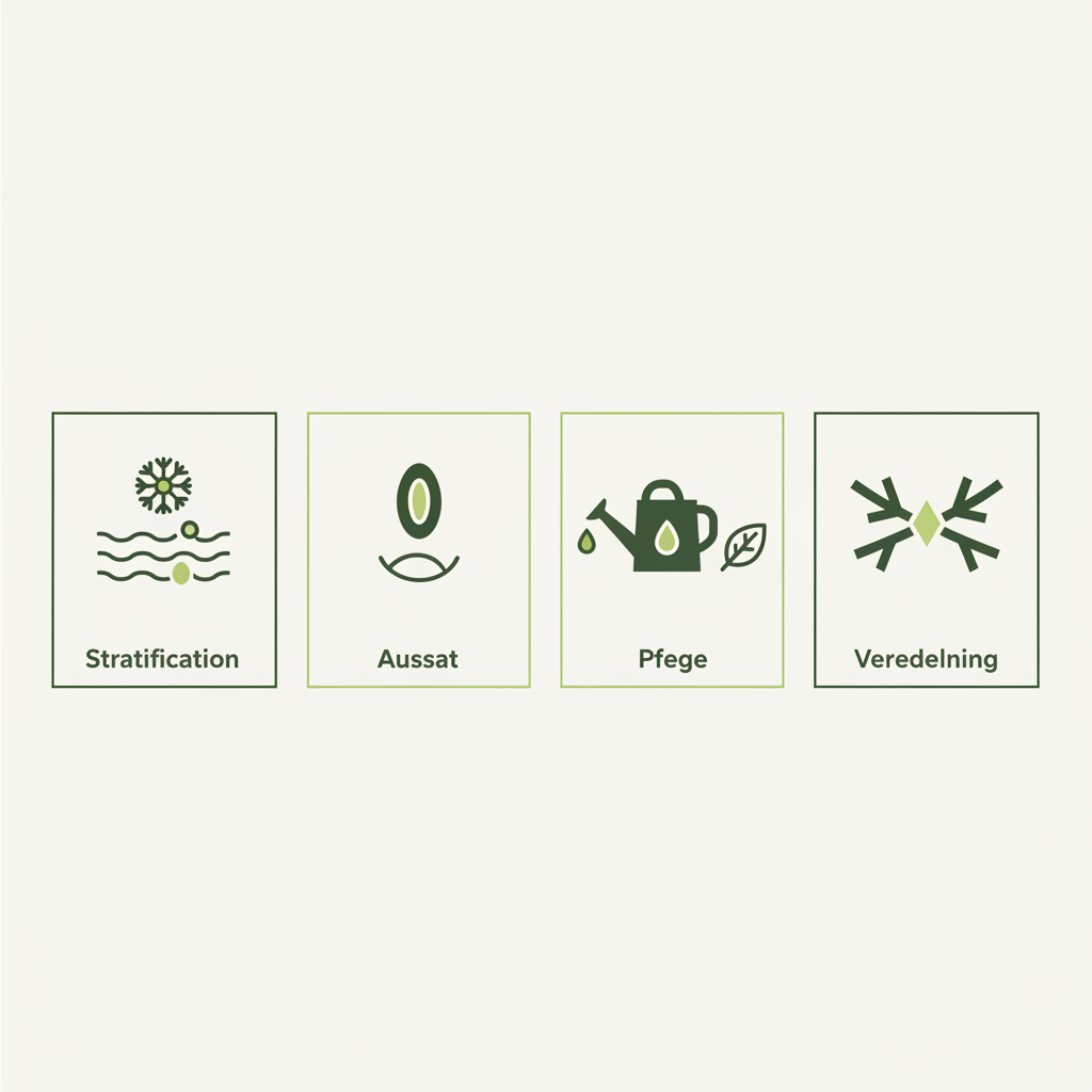 Minimalistische 2D-Vektor-Infografik mit Icons zu Stratifikation, Aussaat, Pflege und Veredelung – Anleitung zum Wildpflaumen aus Kernen ziehen
