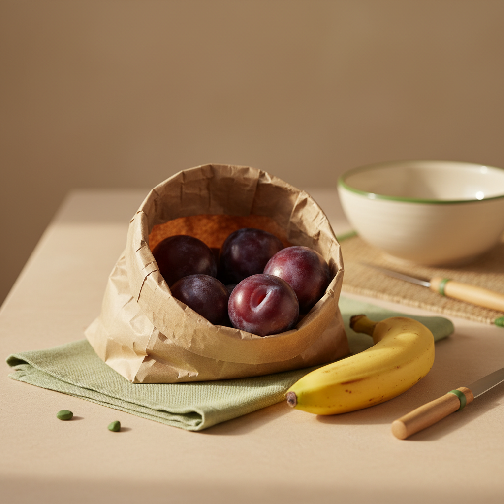 Nahaufnahme einer Papiertüte mit halbreifen Pflaumen und einer Banane daneben auf hellem Hintergrund; warme heimische Küchenatmosphäre, Pflaumen nachreifen