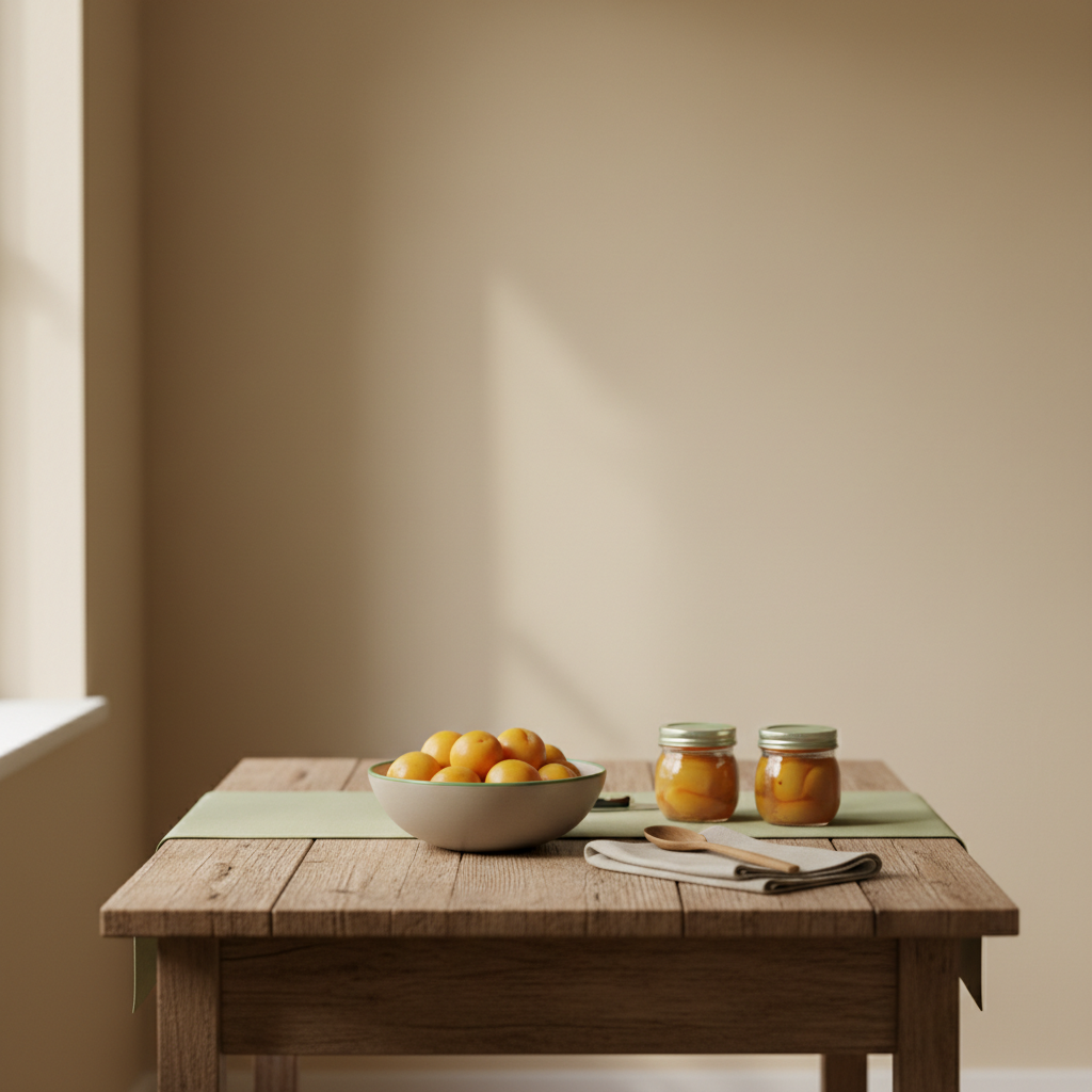 Wie nennt man Renekloden noch? Heimische, rustikale Küche mit Schale voller Renekloden, Kompotgläsern und schlichten Utensilien auf #dbdbcf Hintergrund, warme Fensterbeleuchtung.