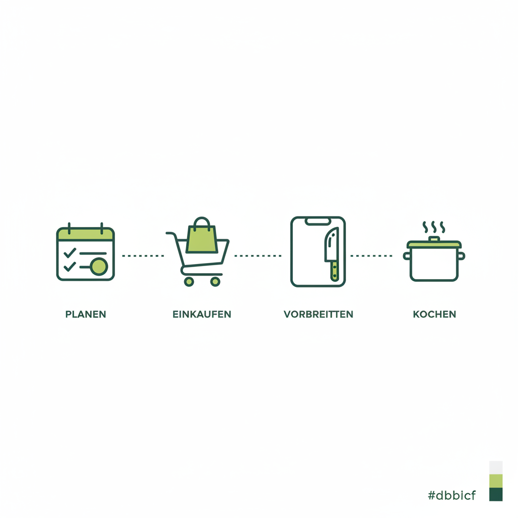 Minimalistische 2D-Vektor-Infografik mit vier Meal-Prep-Icons (Plan, Einkauf, Vorbereitung, Kochen) auf #dbdbcf, passend zum Artikel Wie nennt man Renekloden noch?