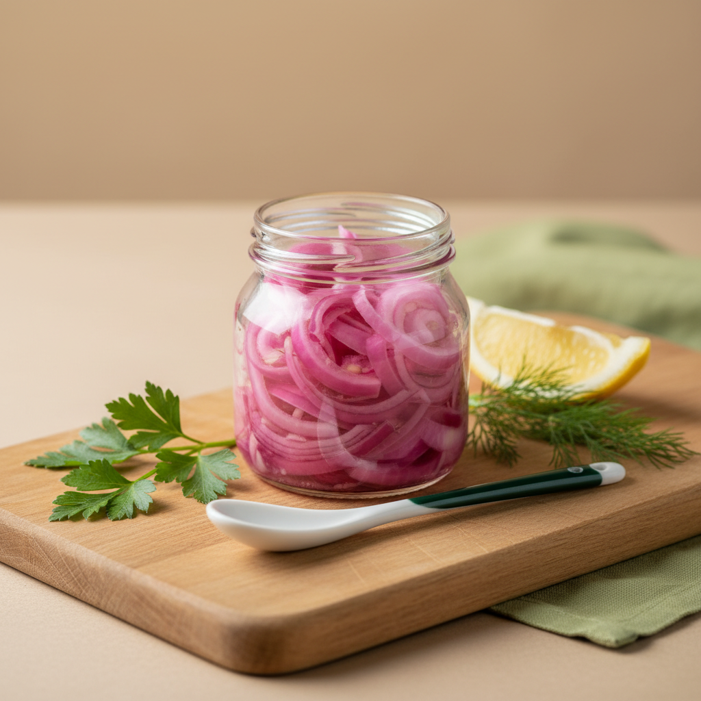 Close-up: Glas mit eingelegten roten Zwiebeln auf Holzbrett, frische Kräuter und Zitronenkeil in warmem, minimalistischem ungarisch/rumänischem Küchenstil.
