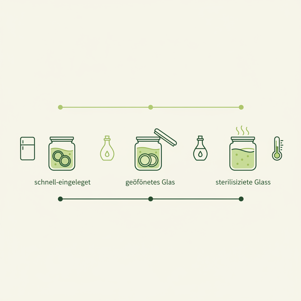 Minimalistische 2D-Vektor-Infografik zur eingelegte rote Zwiebeln Haltbarkeit: Zeitachse mit Icons für schnell-eingelegt, geöffnetes Glas, sterilisiert, Kühlschrank, Essigflasche und Thermometer.