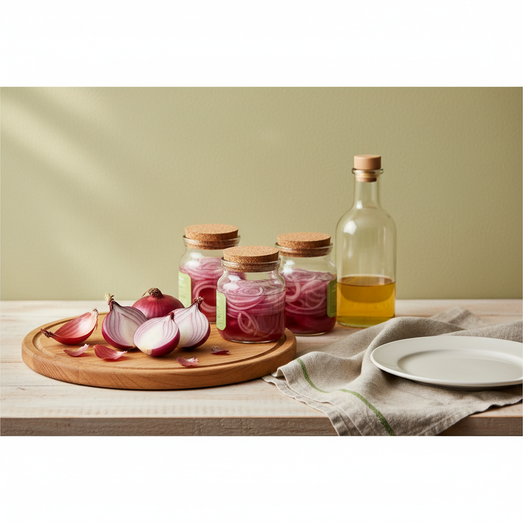 Heimeliges, minimalistisches Küchenbanner mit Schneidebrett, roten Zwiebeln, Schraubgläsern und Essigflasche – eingelegte rote Zwiebeln Haltbarkeit im Fokus, Hintergrund #dbdbcf