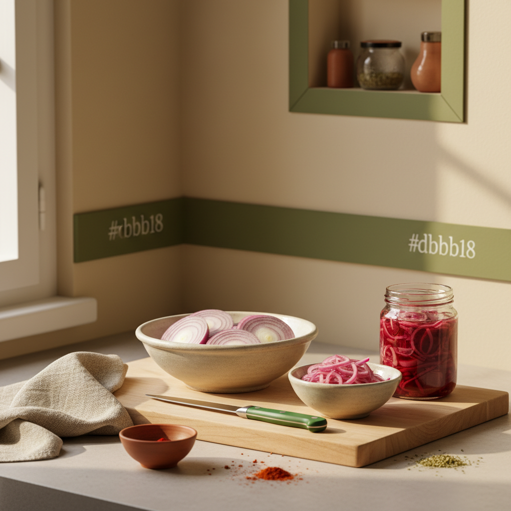 Minimalistisches Küchensetting mit roten Zwiebeln: Keramikschale, Schüssel mit eingelegten Zwiebeln und Glas fermentierter Zwiebeln vor hellem #dbdbcf Hintergrund.