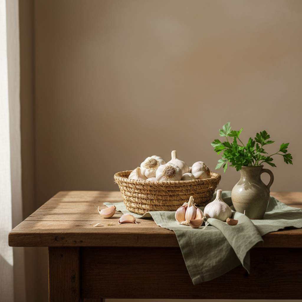Korb mit frisch geerntetem Knoblauch auf rustikalem Holztisch in heimischer Küche – Wie lange kann Knoblauch in der Erde bleiben? Minimal, warmes Tageslicht, Akzent #a5cd8d