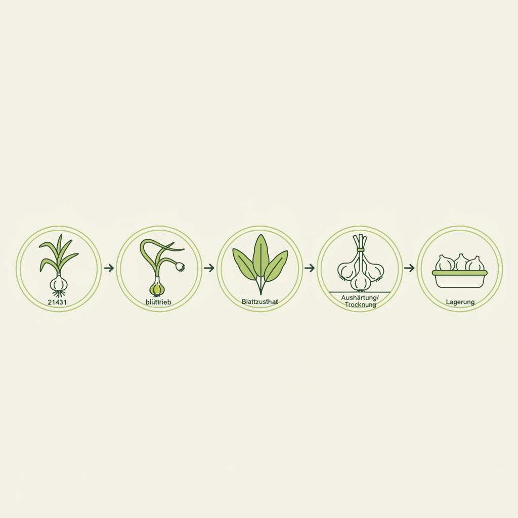Minimalistische 2D-Vektorinfografik zur Erntezeit Knoblauch mit Icons für Knoblauchpflanze, Scapes, Blattzustand, Aushärtung und Lagerung in Markenfarben.