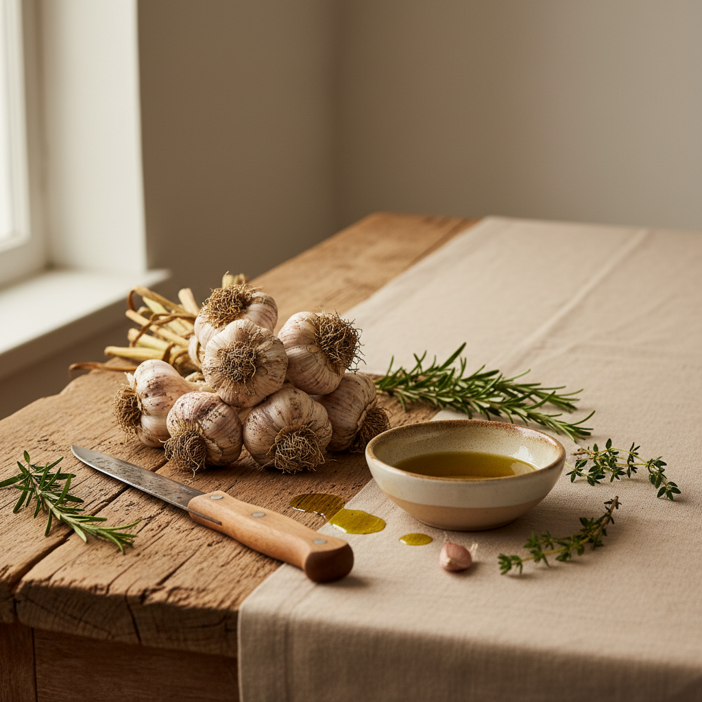 Nahaufnahme von frisch geerntetem Knoblauch mit Erde an den Wurzeln, Messer und Schale mit Olivenöl – Knoblauch direkt nach der Ernte essen in einer warmen, minimalistischen Küche