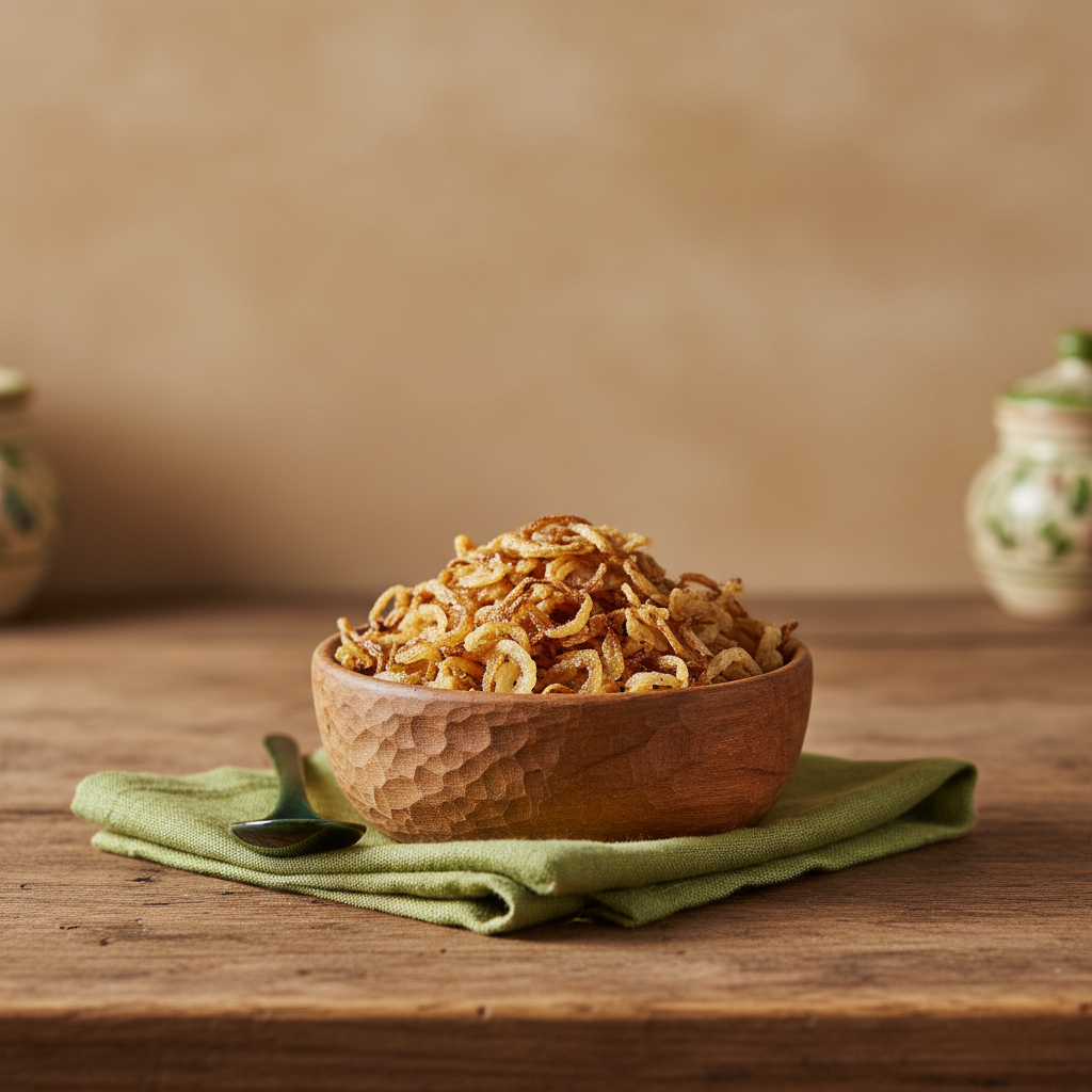 Nahaufnahme einer kleinen Holschüssel mit knusprigen frittierte Zwiebeln auf rustikaler Küchenarbeitsplatte, warmes Tageslicht, dezenter #a5cd8d Akzent und #dbdbcf Hintergrund.