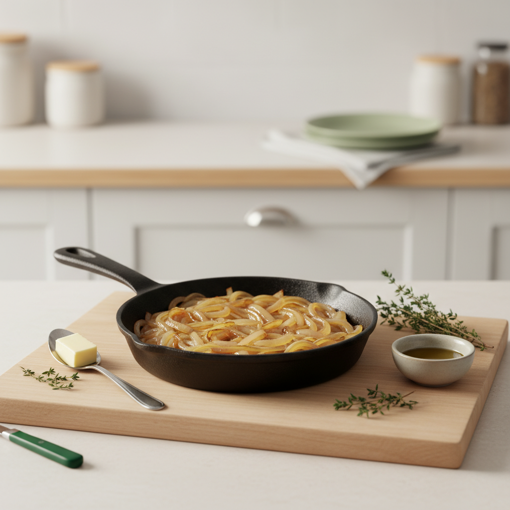 Pfanne mit goldbraun karamellisierten Zwiebeln auf Holz, Butter, Öl und Thymian daneben – Zwiebeln richtig anrösten im Schnell Lecker-Stil.