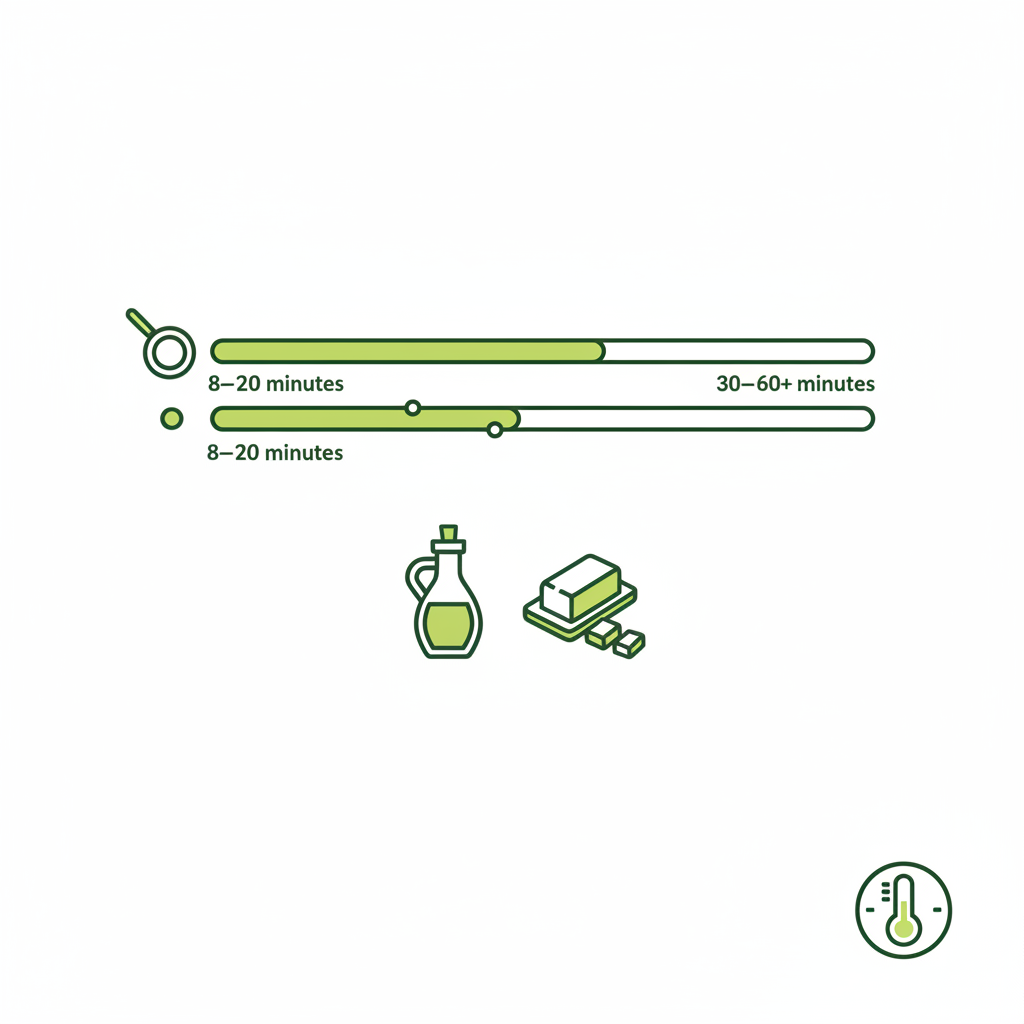 Vektor-Infografik zum Zwiebeln richtig anrösten: zwei visuelle Zeitachsen (kurz vs. lang), Pfanne, Öl- und Butter-Ikonen und Temperaturanzeige, minimalistisches Design.