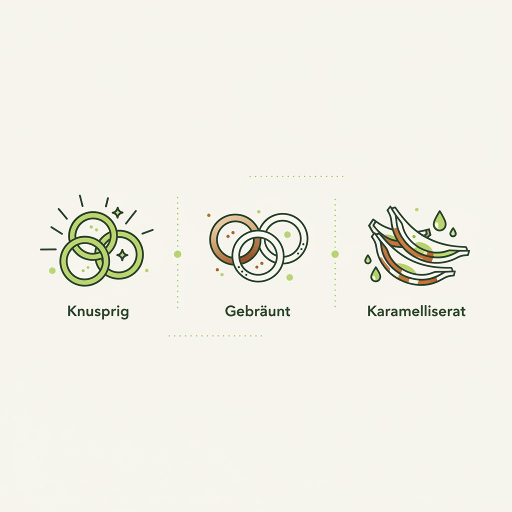 Minimalistische Vektor-Infografik mit drei Icons zu Röstzwiebeln: knusprig, gebräunt und karamellisiert vor Hintergrund #dbdbcf