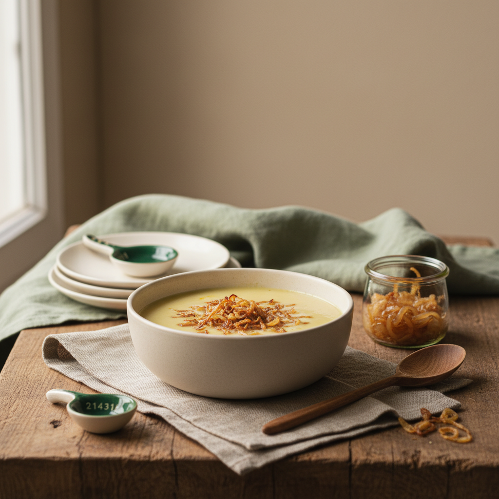 Schüssel cremige Suppe mit knusprigen Röstzwiebeln als Topping und kleinem Glas karamellisierter Zwiebeln auf hellem, minimalistischen Küchentisch