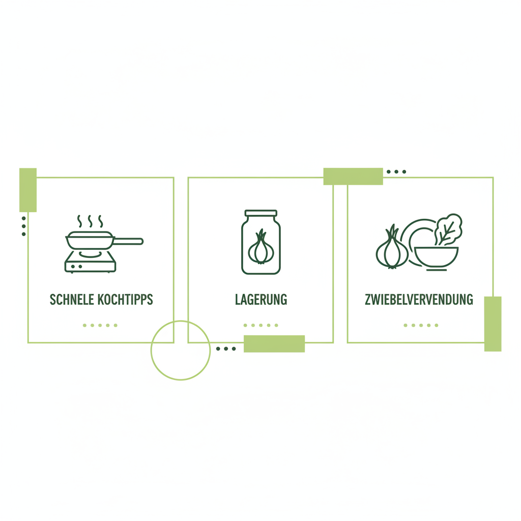 Vektor-Infografik im Schnell Lecker-Stil mit drei minimalistischen Icons für schnelle Kochtipps, Lagerung und Zwiebelverwendung – jeden Tag Zwiebeln zu essen