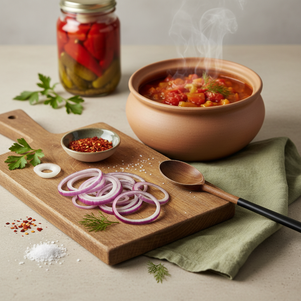 Rustikales Küchenstillleben mit geschnittenen Zwiebeln auf Holzbrett neben ungarischem Eintopf und grüner Leinenserviette – Motiv zu jeden Tag Zwiebeln zu essen.