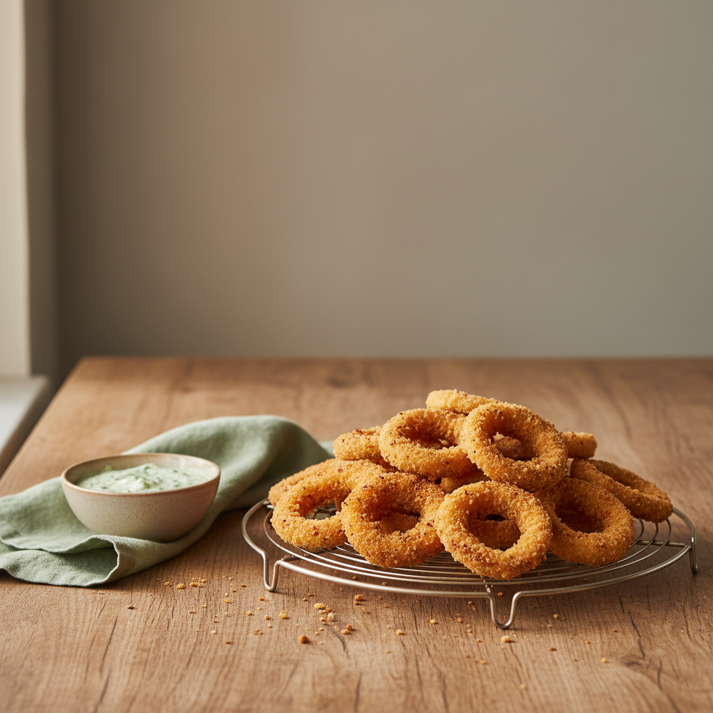 Minimalistisches Küchenstillleben: Teller mit knusprigen Zwiebelringen auf Drahtgitter auf hölzernem Tisch, warme Beleuchtung, #dbdbcf Hintergrund, Akzent #a5cd8d – zwiebelringe aufbewahren