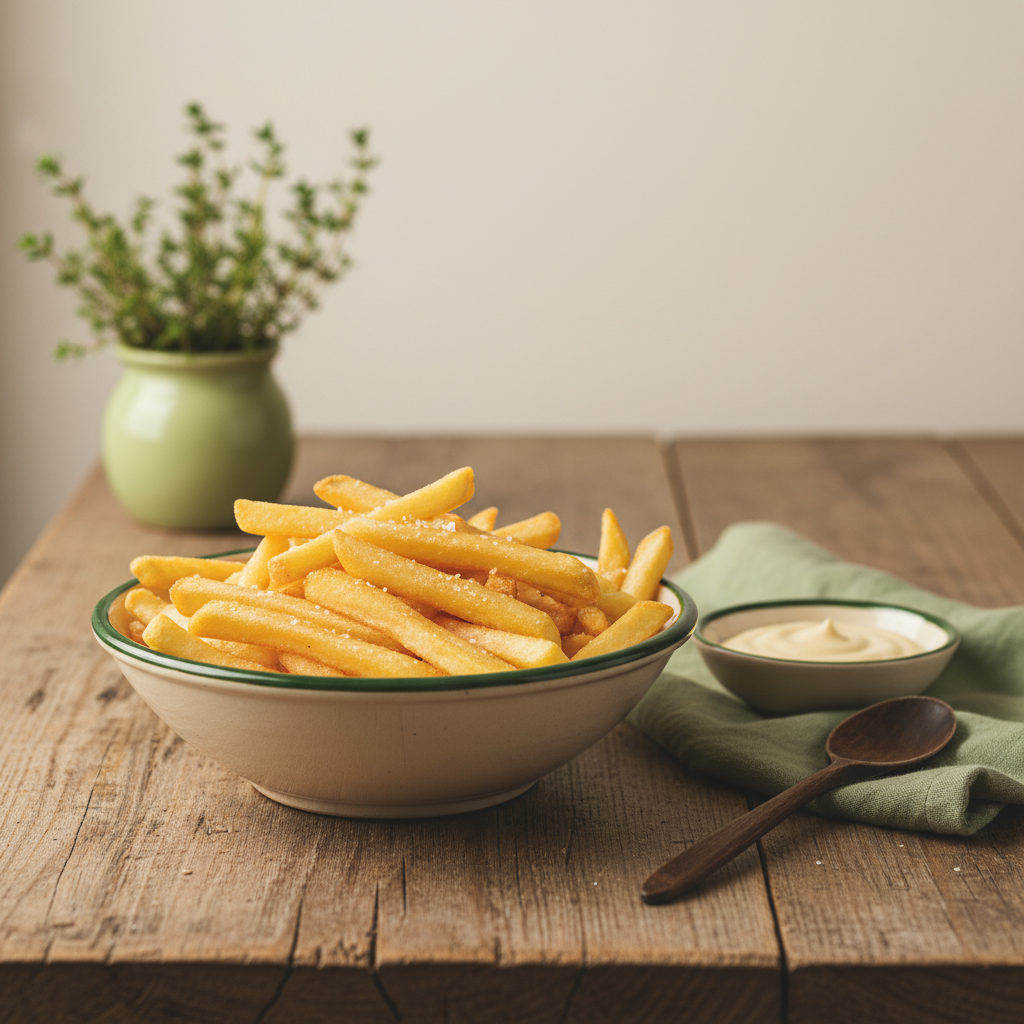 Nahaufnahme einer Schüssel mit frisch frittierten goldenen Pommes – Pommes zweimal frittieren, warmes minimalistisches Küchen-Setup, Hintergrund #dbdbcf, Akzente #a5cd8d.
