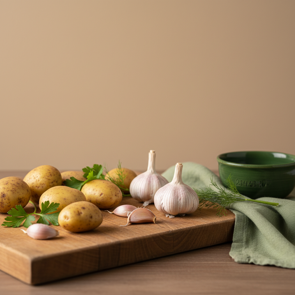 Nahaufnahme von Kartoffeln und Knoblauch auf Holzbrett in sauberer europäischer Küche, warmes Seitenlicht, minimalistisch und einladend, Mischkultur mit Kartoffeln